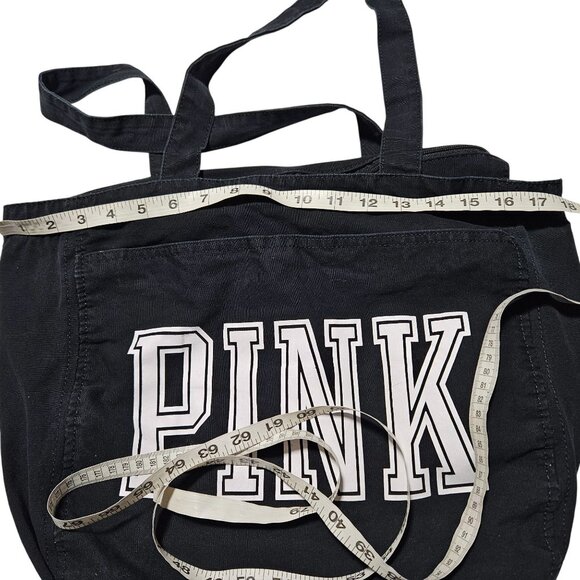 Victorias Secret PINK Black Canvas Tote Large Bag Zipper Closure Bold Logo - Picture 3 of 7